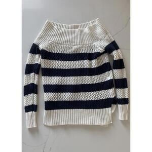 Aerie Striped White & Navy Knit Off-Shoulder Sweater XS